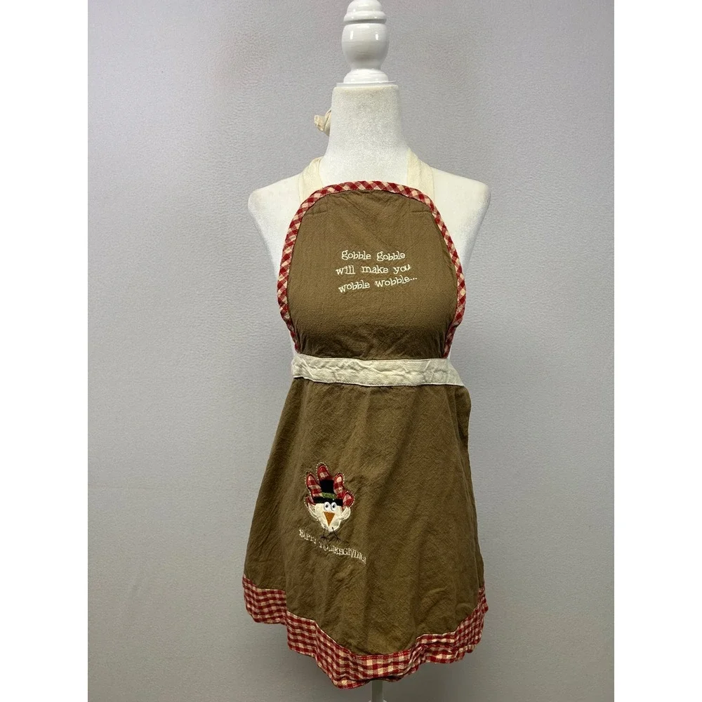 Thanksgiving Farmhouse Cottagecore Womens OS Brown Gobble Gobble Turkey Apron